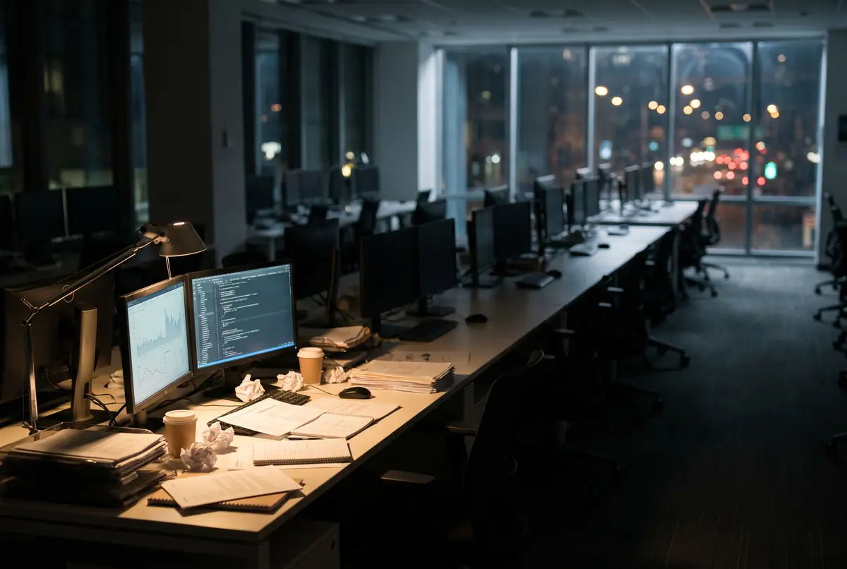 A darkened high-rise office at night, empty desks receding into shadow, a single workstation still lit.